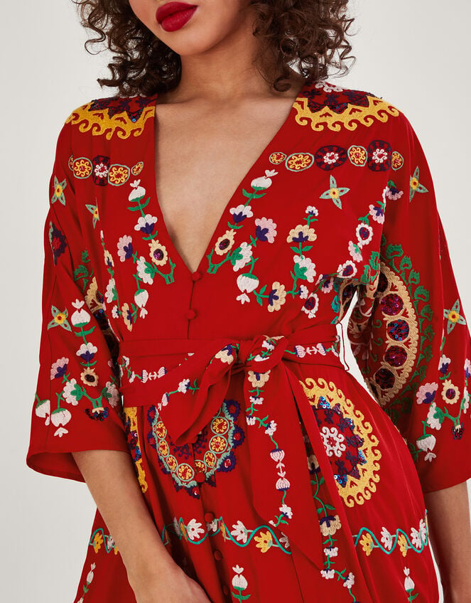 Jennifer Hand-Embellished Kimono Dress, Red (RED), large