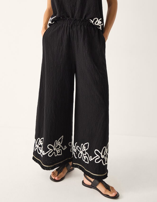 Sara Embroidered Wide Leg Pants, Black (BLACK), large