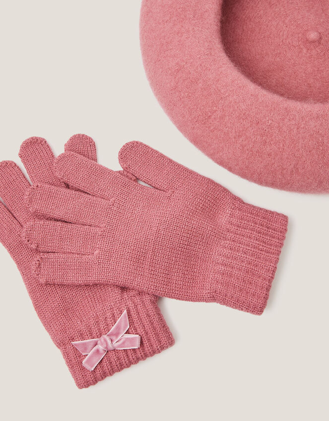 Bow Beret & Gloves Set, Pink (PINK), large