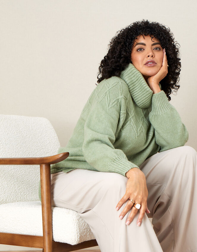 Cowl Neck Stitch Detail Longline Jumper, Green (GREEN), large