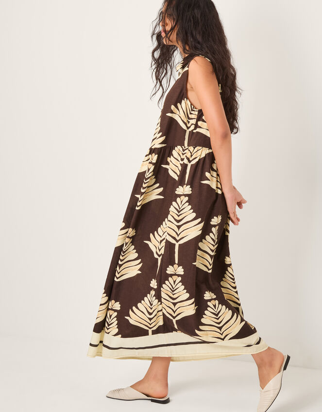 Pamela Linen Blend Leaf Print Midi Dress, Brown (CHOCOLATE), large