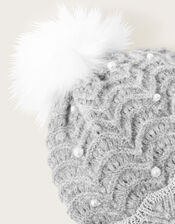 Rosie Scallop Knit Pearl Beanie Hat, Grey (GREY), large