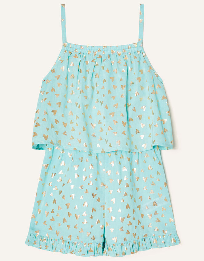 Foil Heart Print Frill Playsuit, Blue (TURQUOISE), large