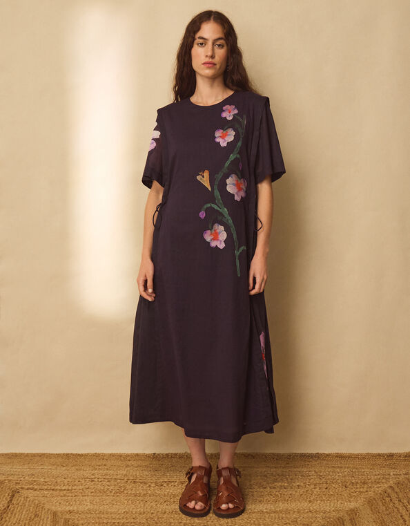 East Filipa Watercolour Floral Midi Dress, Blue (NAVY), large
