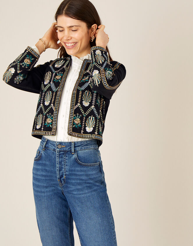 Embroidered Cropped Jacket with Organic Cotton Black