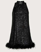 Aly Sequin Feather Trim Halter Dress, Black (BLACK), large