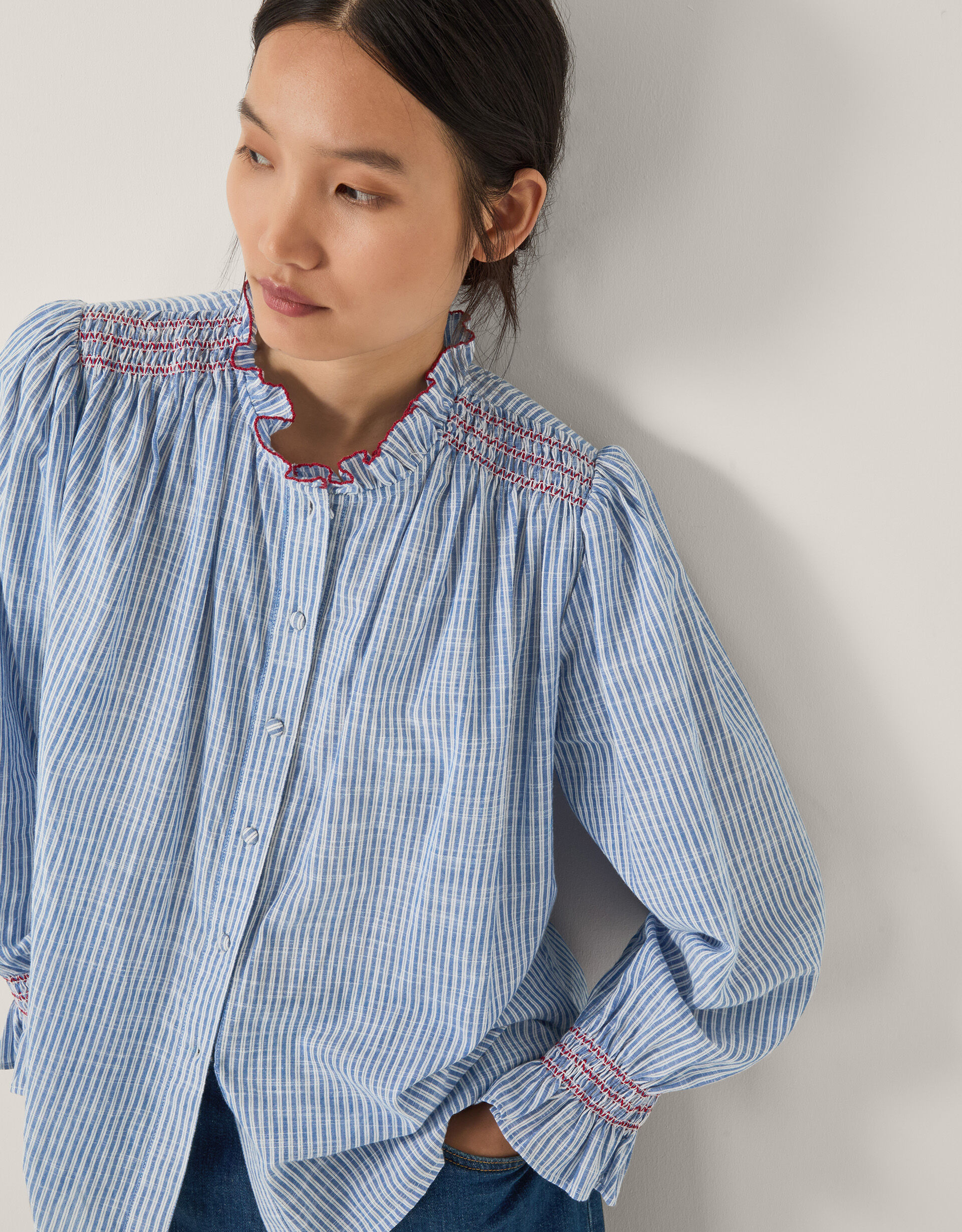 Maeve Ruffle Stripe Shirt Blue | Tops & T-shirts | Monsoon US.