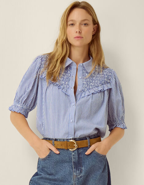 Laney Smocked Stripe Blouse, Blue (BLUE), large