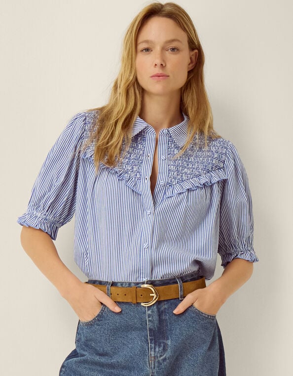 Laney Smocked Stripe Blouse, Blue (BLUE), large