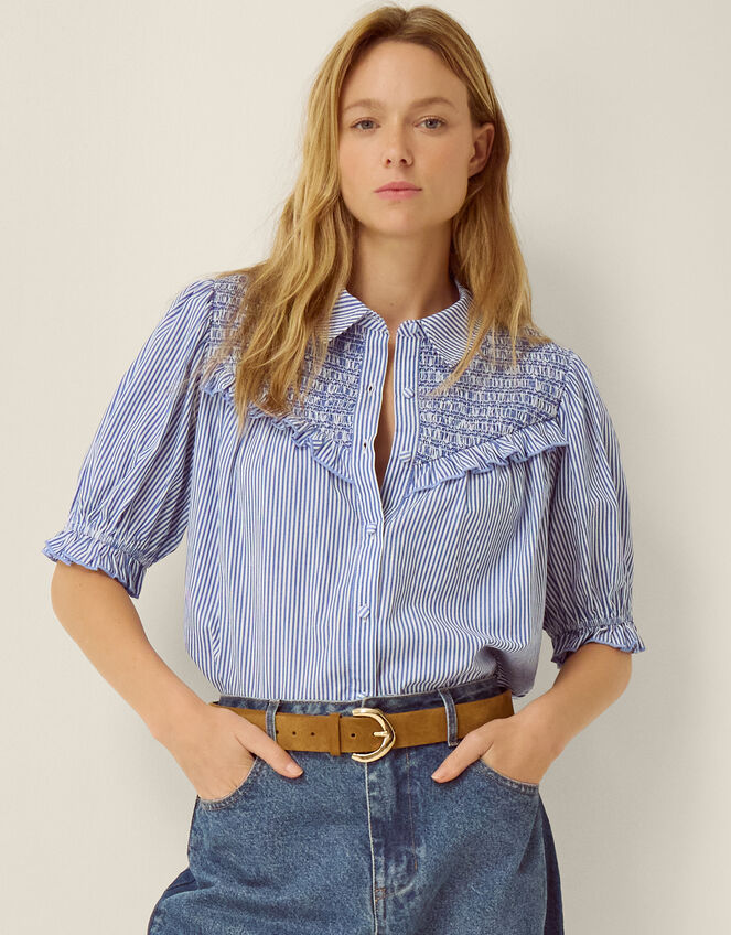 Laney Smocked Stripe Blouse, Blue (BLUE), large