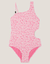 Floral Jacquard Asymmetrical Swimsuit, Pink (PINK), large