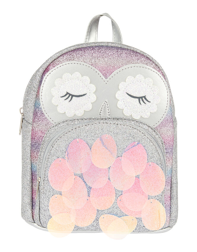 Silver Glitter Owl Backpack, , large