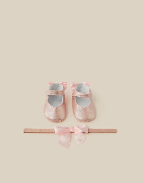 Baby Bow Metallic Booties & Headband Set, Pink (PINK), large
