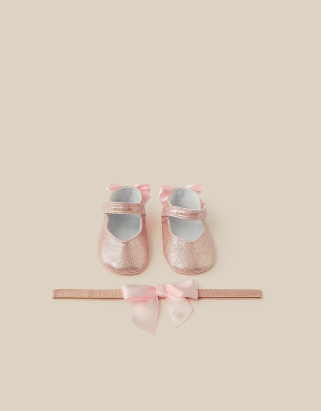 Baby Bow Metallic Booties & Headband Set, Pink (PINK), large