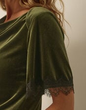 Vina Lace Trim Velvet Top, Green (KHAKI), large