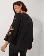 Maggie Tie-Front Embroidered Kimono, Black (BLACK), large