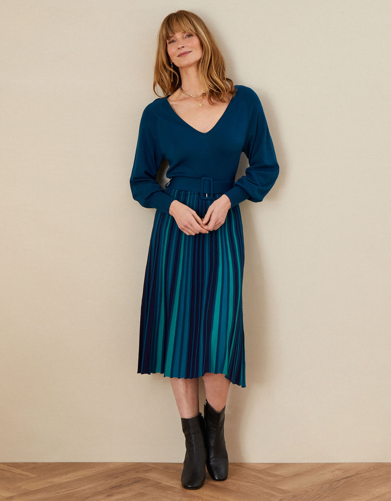 Colour Block Pleated Skirt Dress Teal