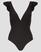 Kaylie Plunge Rib Ruffle Swimsuit, Black (BLACK), large