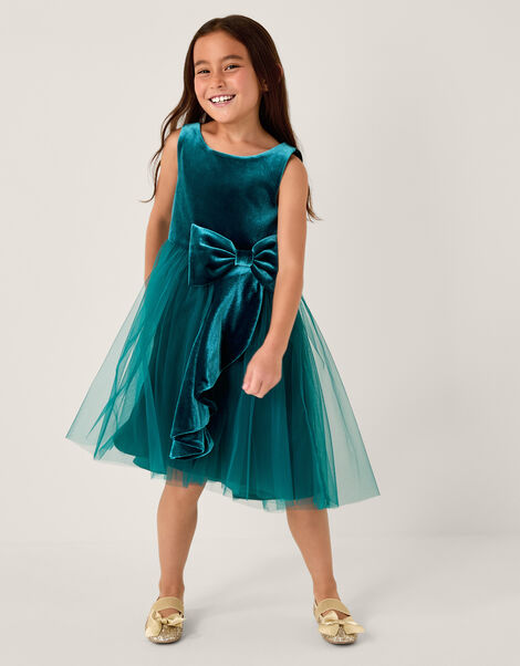 Velvet Bow Party Dress, Teal (TEAL), large