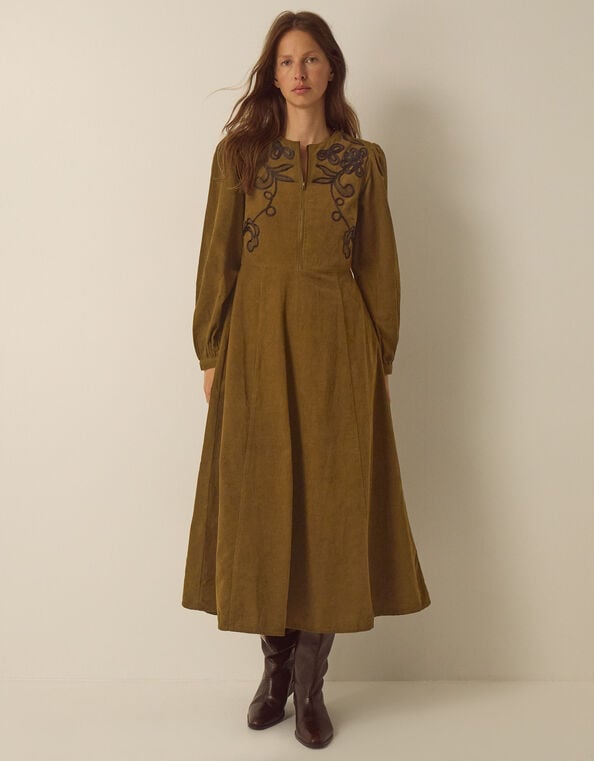 Edie Long Sleeve Embroidered Corduroy Midi Dress, Green (CHARTREUSE), large