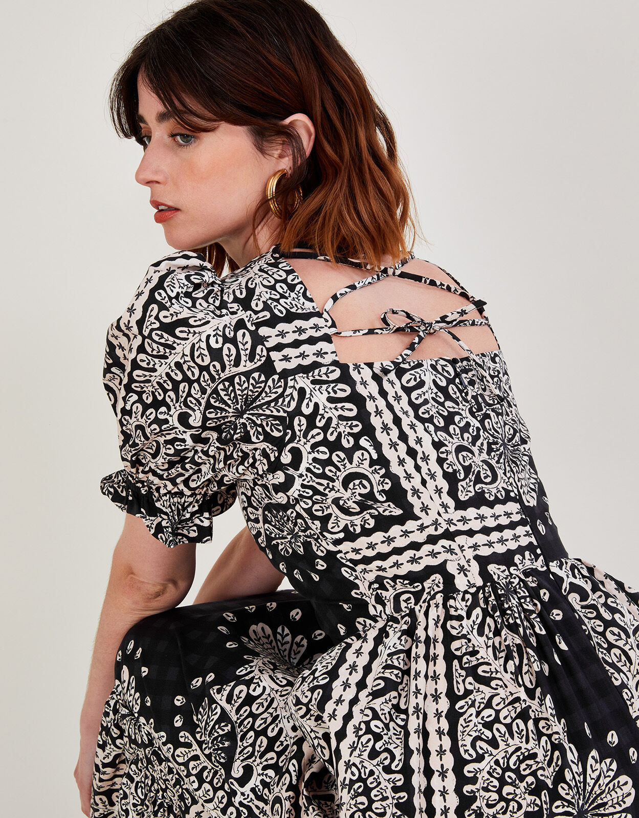 Scarf Print Poplin Midi Dress Black