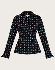 Geometric Print Ruched Jersey Wrap Shirt with Sustainable Cotton, Black (BLACK), large