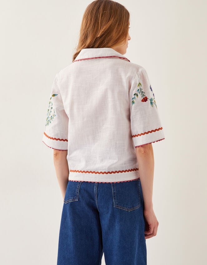 Delphi Floral Embroidered Cotton Shirt, White (WHITE), large