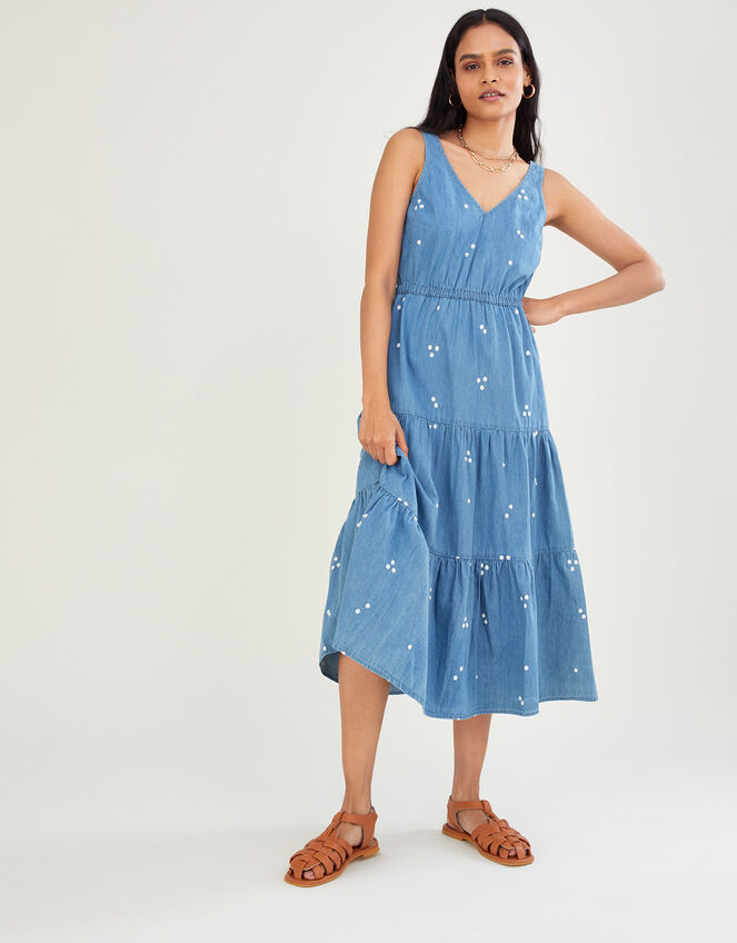 Denim Embroidered Midi Sundress, Blue (BLUE), large