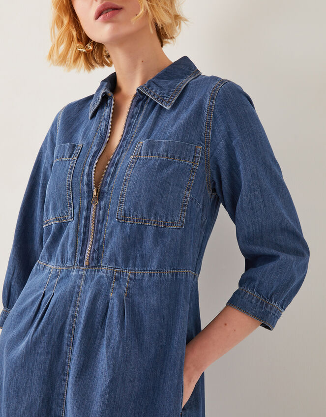 Bonnie Zip Denim Shirt Dress, Blue (MID AUTHENTIC BLUE), large