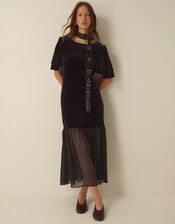 Vixie Flutter Sleeve Velvet Chiffon Midi Dress, Black (BLACK), large