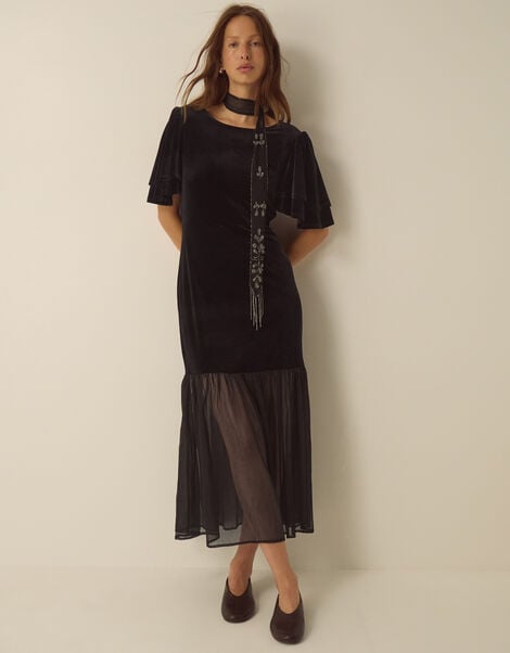 Vixie Flutter Sleeve Velvet Chiffon Midi Dress, Black (BLACK), large