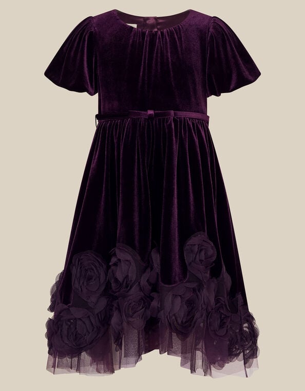 Adelyn Floral Appliqu&eacute; Velvet Party Dress, Purple (PURPLE), large