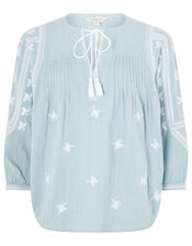 Ellen Embroidered Tassel Blouse, Blue (BLUE), large