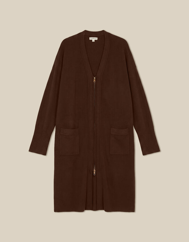 Zuri Zip Longline Cardigan, Brown (CHOCOLATE), large