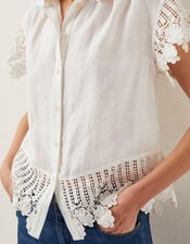 Lara Linen-Blend Short Sleeve Shirt, White (WHITE), large