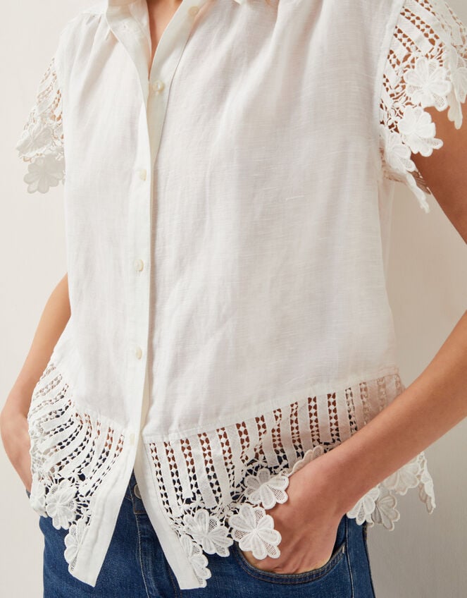 Lara Linen-Blend Short Sleeve Shirt, White (WHITE), large