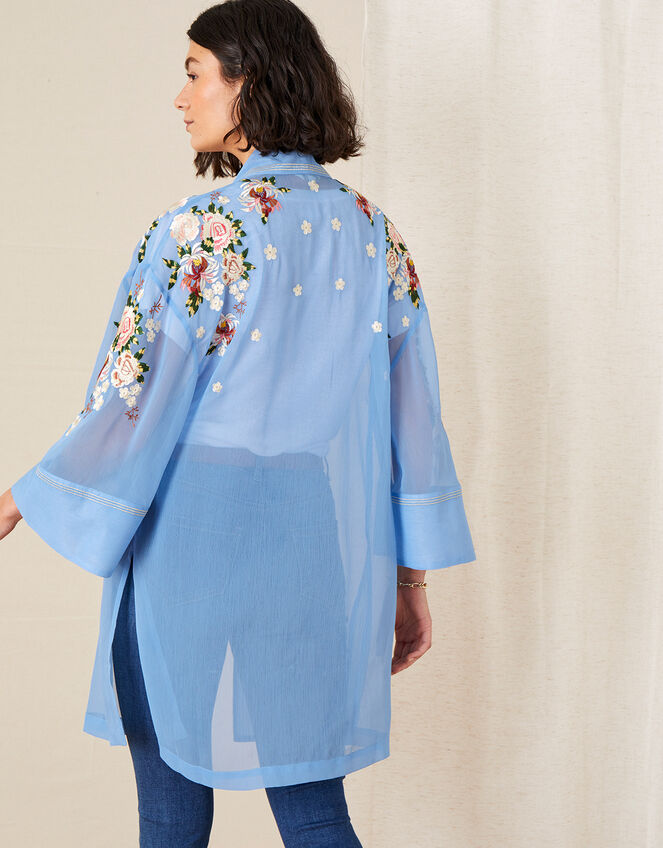 Sheer Embroidered Longline Kimono , Blue (BLUE), large