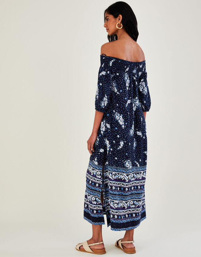 Printed Shirred Off-Shoulder Dress in LENZING™ ECOVERO™, Blue (NAVY), large