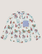 London Print Long Sleeve Shirt , White (WHITE), large