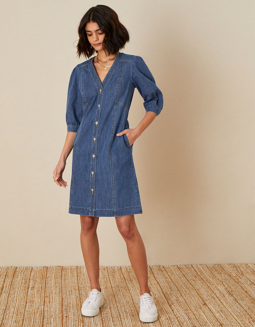 Puff Sleeve Denim Dress Blue Day Dresses Monsoon Global.