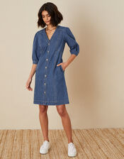 Puff Sleeve Denim Dress, Blue (DENIM BLUE), large