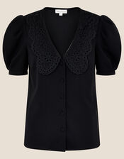 Ollie Lace Collar Puff Sleeve Top, Black (BLACK), large