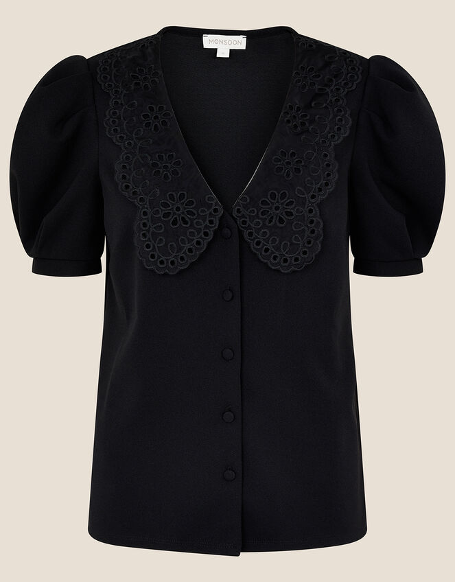 Ollie Lace Collar Puff Sleeve Top, Black (BLACK), large