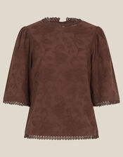Sabine Floral Embroidered Top, Brown (BROWN), large
