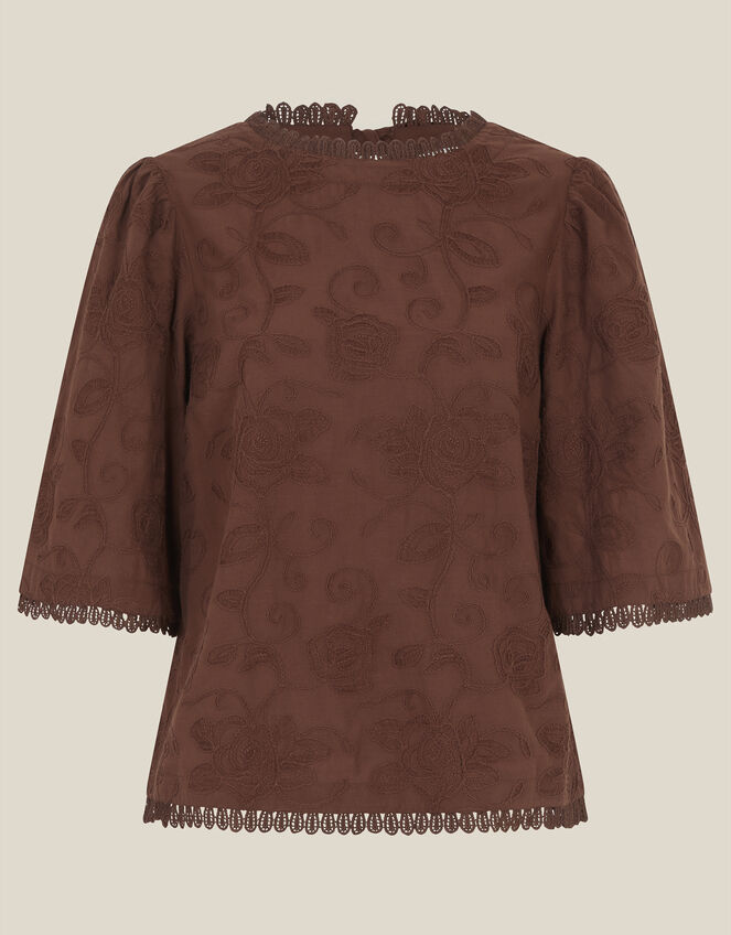 Sabine Floral Embroidered Top, Brown (BROWN), large