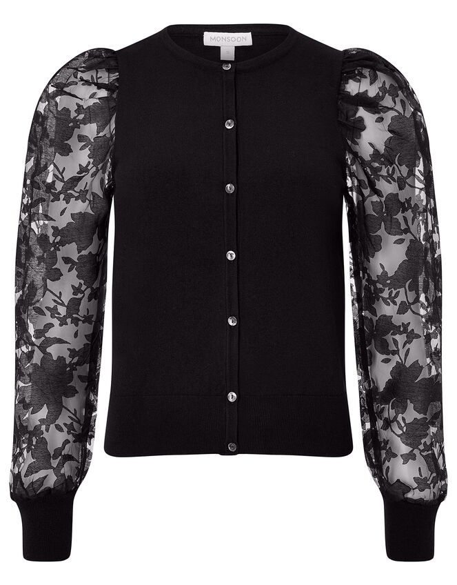 Floral Sleeve Cardigan with Recycled Fabric, Black (BLACK), large