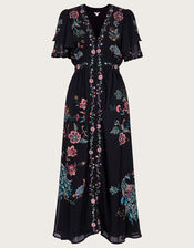 Triss Embroidered Peacock Dress in Recycled Polyester, Black (BLACK), large