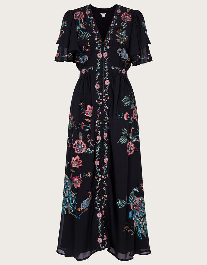 Triss Embroidered Peacock Dress in Recycled Polyester, Black (BLACK), large