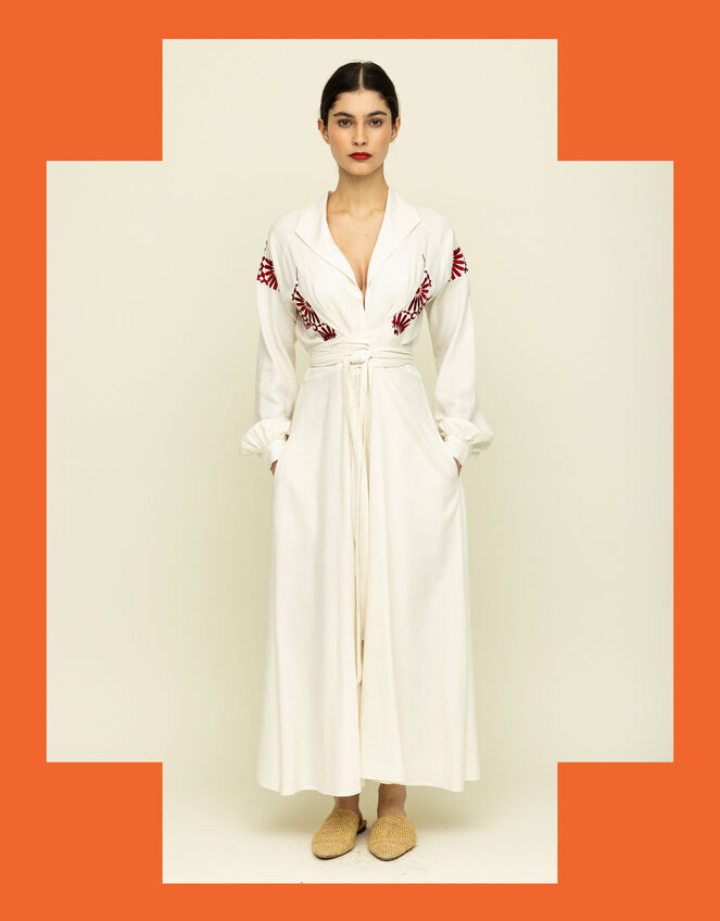 Tallulah & Hope Mitzi Embroidered Wrap Dress, Camel (OATMEAL), large