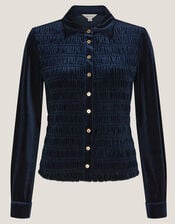 Samantha Smocked Stretch Velvet Shirt, Blue (MIDNIGHT), large